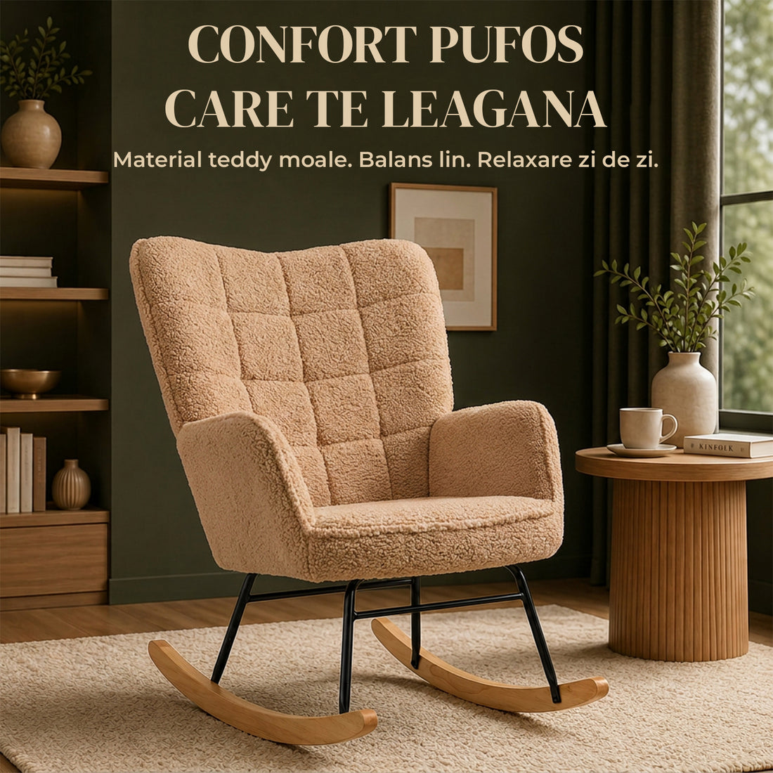 Fotoliu Balansoar Elindor® cu Spatar Inalt, Pufos, Ergonomic, Cadru Solid din Otel si Lemn, Suporta 120 kg, Ideal pentru Camera Copilului, Living sau Dormitor, 101 × 98× 71 cm, Maro