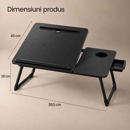 Masa Pliabila pentru Laptop Elindor® cu Suport Pahar, Antiderapanta, Unghiuri de Inclinare, Usor de Depozitat, Birou Portabil Utilizare in Orice Loc, Ideala la Munca sau Mic Dejun la Pat, Negru
