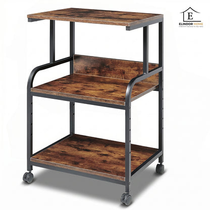 Carucior Organizator 3 Niveluri Elindor® , cu Roti 360°, Organizator Bucatarie, Multifunctional, Raft Mobil Organizare Baie, Camara, Birou, Bar, 80 x 55 x 40 cm, Negru / Maro