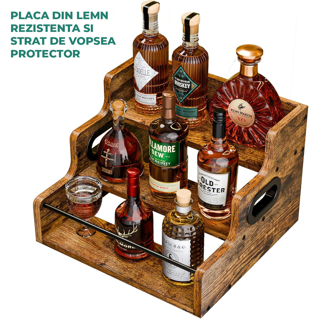 Raft Expunere Sticle Elindor®, Suport Bauturi 3 Niveluri pentru Bar sau Bucatarie, din Lemn, Design Vintage, pentru Vin, Whiskey, Rom, 40 × 30 × 23.8 cm, Maro