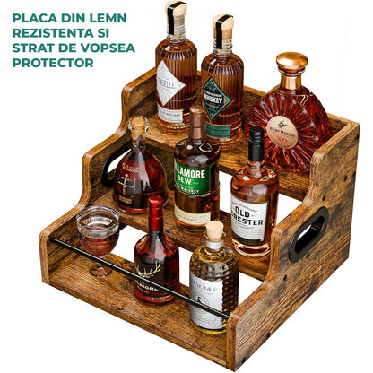 Raft Expunere Sticle Elindor®, Suport Bauturi 3 Niveluri pentru Bar sau Bucatarie, din Lemn, Design Vintage, pentru Vin, Whiskey, Rom, 40 × 30 × 23.8 cm, Maro