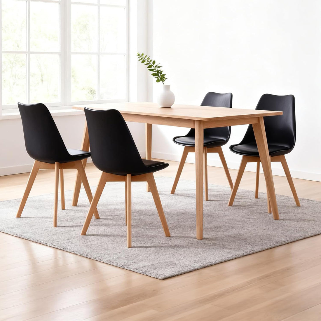 Set 4 Scaune Bucatarie Negre Elindor® din Piele Ecologica, Picioare din Lemn, Scaun Confortabil, Perna Sezut, Elegant, pentru Bucatarie, Dormitor, Living, 50 x 45 x 81 cm