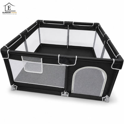 Tarc de Joaca pentru Bebelusi si Copii Elindor® Spatiul Sigur de Joaca, Plasa de Protectie, Include Usa cu Fermoar, Materiale Eco-Friendly și Non-Toxice, Varsta 0-5 ani, 200 x 150 x 65 cm, Negru