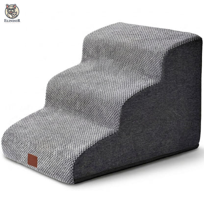 Scari Animale Elindor®, 3 Trepte pentru Caini si Pisici cu Spatiu Depozitare, Trepte Antiderapante pentru Pat sau Canapea, Structura din Placa de Inalta Densitate si Material Textil, pentru Dormitor, Living, 40 × 57 × 35 cm, Gri