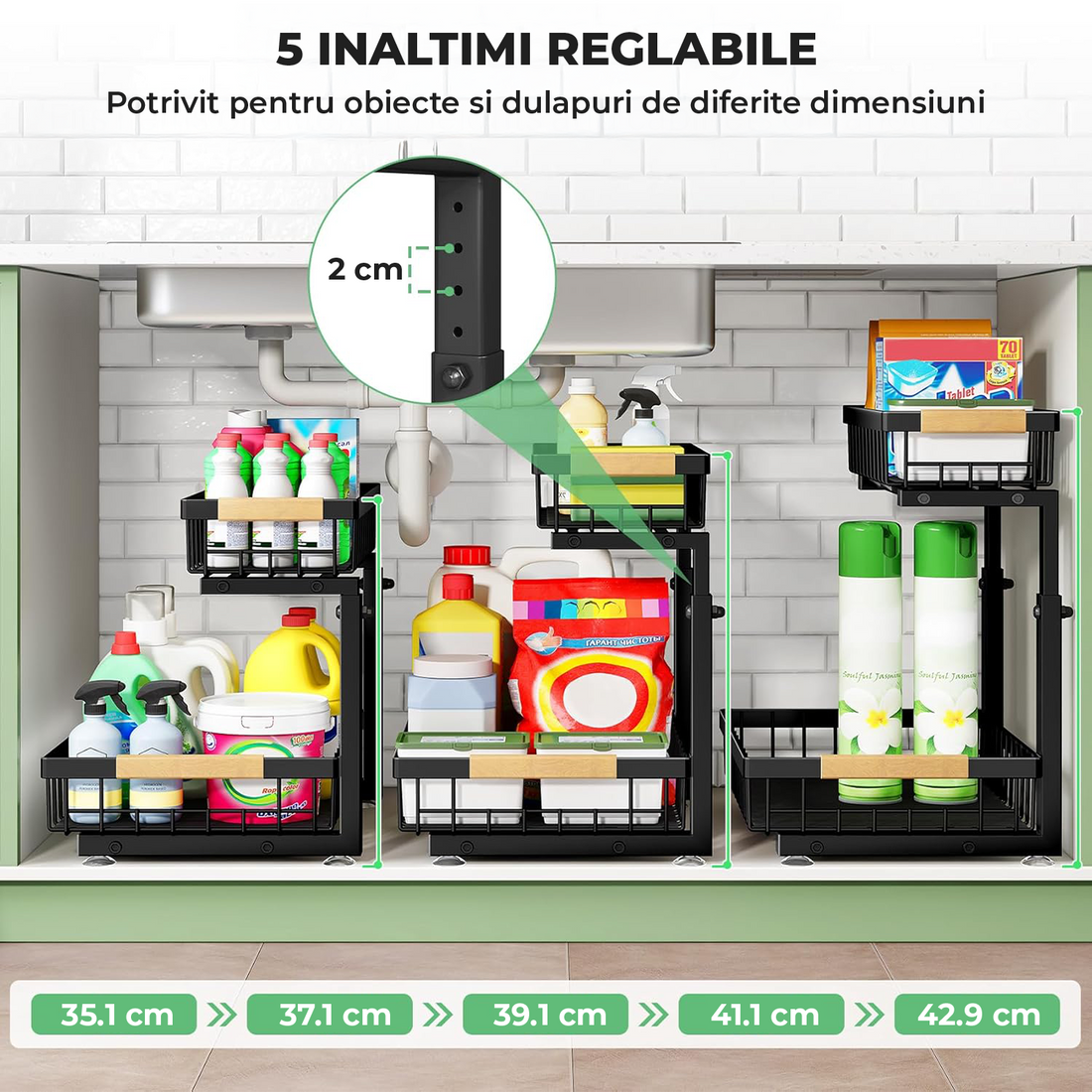 Set 2 Organizatoare Multifunctionale Elindor® pe 2 Nivele, 2x Sertar Glisant, Montat pe Blat sau in Dulap sub Chiuveta, Suport Metalic Organizare, Organizator pentru Bucatarie, Baie, Camara, Raft cu Sertare Depozitare Legume, Parfumuri, 41