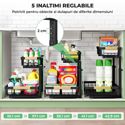 Set 2 Organizatoare Multifunctionale Elindor® pe 2 Nivele, 2x Sertar Glisant, Montat pe Blat sau in Dulap sub Chiuveta, Suport Metalic Organizare, Organizator pentru Bucatarie, Baie, Camara, Raft cu Sertare Depozitare Legume, Parfumuri, 41