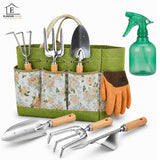 Set 8 Accesorii Elindor® pentru Gradinarit, Instrumente din Otel Inoxidabil, cu Maner Ergonomic din Lemn de Fag, Geanta de Gradina cu Maner si 5 Buzunare, Model Floral, Manusi Protectie, Grebla, Lopatica, Sticla Pulverizare, Cleste, Accesorii Plante