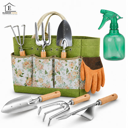 Set 8 Accesorii Elindor® pentru Gradinarit, Instrumente din Otel Inoxidabil, cu Maner Ergonomic din Lemn de Fag, Geanta de Gradina cu Maner si 5 Buzunare, Model Floral, Manusi Protectie, Grebla, Lopatica, Sticla Pulverizare, Cleste, Accesorii Plante