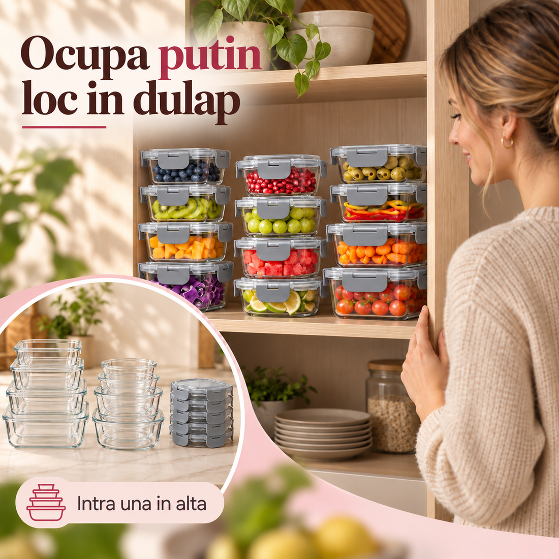 Set de 12 Caserole Elindor® din Sticla Borosilicata, Recipiente Ingrediente pentru Bucatarie, pentru Alimente Uscate, Recipient pentru Depozitare Zahar, Cafea, Paste, Cereale, Capac Etans, 320–1040 ml, Gri