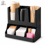 Organizator Multifunctional Elindor® pentru Bucatarie, Cafea si Birou, 6 Compartimente, Suport pentru Pahare, Capace, Pliculete si Accesorii, Design Compact, Ideal pentru Cafenele, Localuri, Acasa, ABS, 29.8 x 13.8 x 29.2 cm, Negru