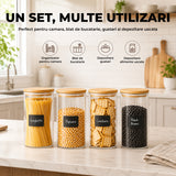 Set 4 Borcane din Sticla Elindor® cu Capac Ermetic din Bambus, Borcan 1400 ml, Marker si Etichete Incluse, Ideal pentru Condimente, Fructe Uscate, Cafea, Zahar, Recipient Depozitare in Bucatarie, 20 × 10 cm, Transparent