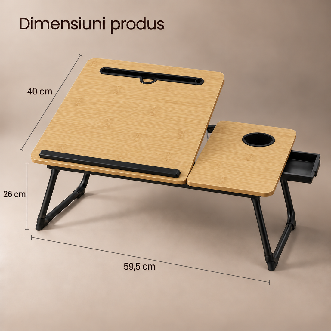Masa Pliabila pentru Laptop Elindor® cu Suport Pahar, Antiderapanta, Unghiuri de Inclinare, Usor de Depozitat, Birou Portabil Utilizare in Orice Loc, Ideala la Munca sau Mic Dejun la Pat, Bej / Negru