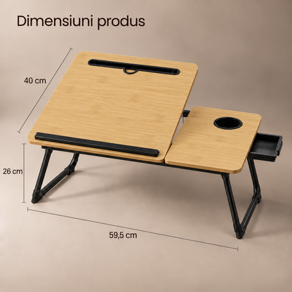 Masa Pliabila pentru Laptop Elindor® cu Suport Pahar, Antiderapanta, Unghiuri de Inclinare, Usor de Depozitat, Birou Portabil Utilizare in Orice Loc, Ideala la Munca sau Mic Dejun la Pat, Bej / Negru
