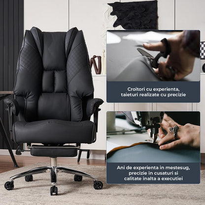 Scaun de Birou Elindor® Ergonomic, Design Contemporan, Scaun cu Spatar si Manere, din Piele PU cu Suport pentru Picioare si Roti, Latime Sezut 58 cm, Inaltime intre 48-56 cm, Negru
