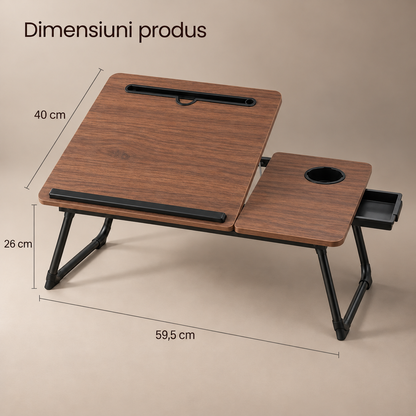 Masa Pliabila pentru Laptop Elindor® cu Suport Pahar, Antiderapanta, Unghiuri de Inclinare, Usor de Depozitat, Birou Portabil Utilizare in Orice Loc, Ideala la Munca sau Mic Dejun la Pat, Maro / Negru