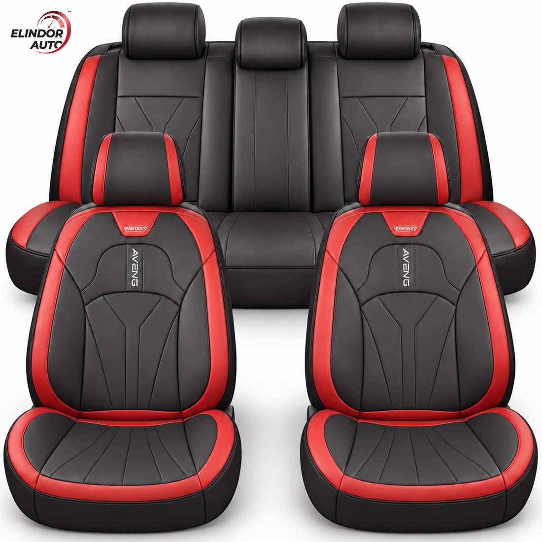 Set 5 Huse Scaune de Masina Elindor®, Huse Auto Piele, Impermeabile, Universale, Protectie Scaun Fata si Spate, Montaj Rapid, Accesorii Masina Interior, Negru / Rosu
