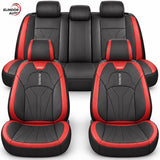 Set 5 Huse Scaune de Masina Elindor®, Huse Auto Piele, Impermeabile, Universale, Protectie Scaun Fata si Spate, Montaj Rapid, Accesorii Masina Interior, Negru / Rosu