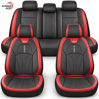 Set 5 Huse Scaune de Masina Elindor®, Huse Auto Piele, Impermeabile, Universale, Protectie Scaun Fata si Spate, Montaj Rapid, Accesorii Masina Interior, Negru / Rosu