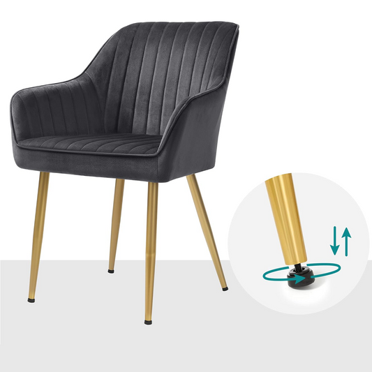Set 2 Scaune Elindor® Ergonomice, Design Contemporan, Scaun cu Spatar si cu Manere, din Catifea cu Picioare Metalice Negre, Potrivite pentru Living, Bucatarie, Birou, Dormitor, 83 × 55.5 × 43 cm, Gri