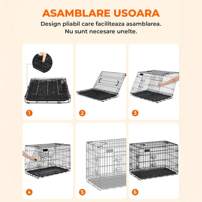 Cusca pentru Animale Elindor® Pliabila, Potrivita pentru Caini de Talie Mica, Medie de pana la 5 Kg, Utilizare in Interior si Exterior sau Calatorii, cu 2 Usi, Baza din Plastic Detasabila, 2 Manere pentru Transport, Marime S, 47 × 31 × 37.5 cm, Negru
