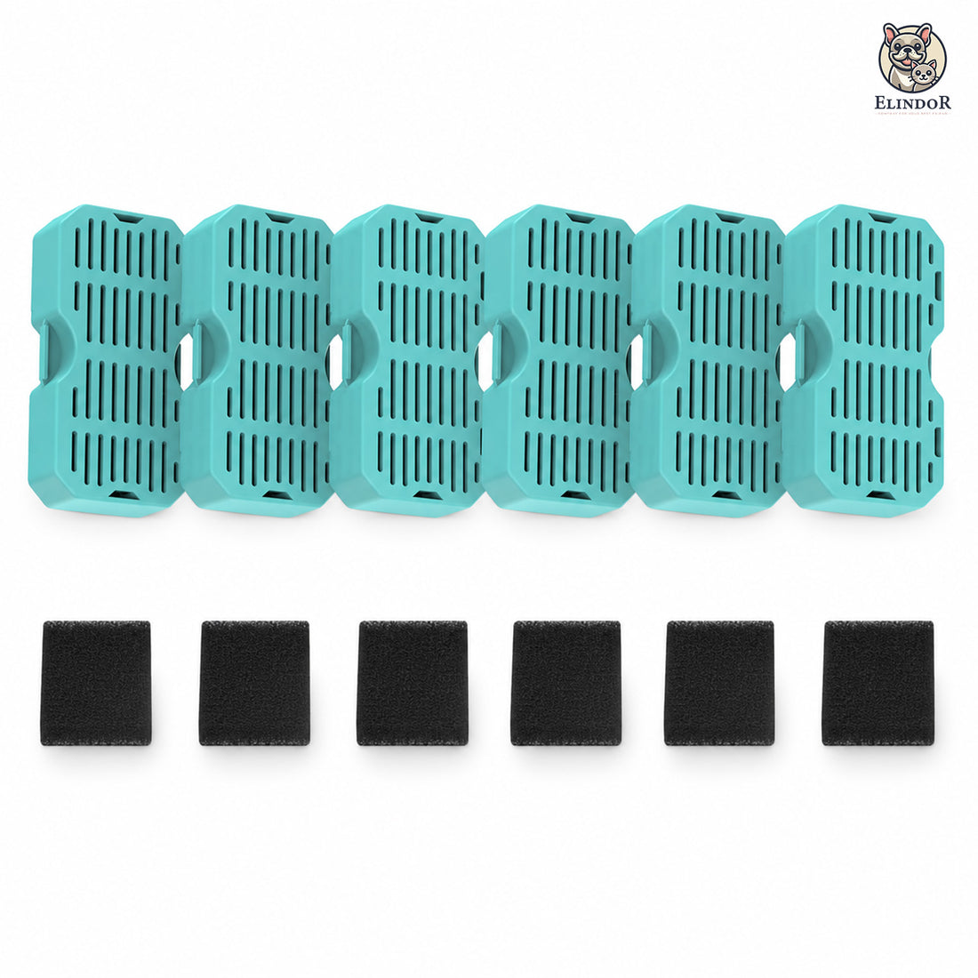 Set 6 Filtre + 6 Bureti Elindor® pentru Fantana de Apa Pisici si Caini, Compatibilitate cu Dispensere din Plastic de 2.2L, Filtrare Multipla, Carbon Activ, Albastru