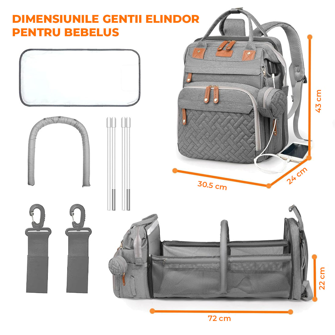 Geanta Scutece Elindor®, Rucsac pentru Bebelusi cu Masa de Schimbare Portabila, Port USB si 19 Buzunare Organizare, Material Oxford 900D Impermeabil, 43 × 30.5 × 24 cm, Gri