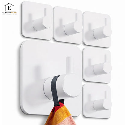 Set 6 Carlige Adezive Elindor® din Otel Inoxidabil, Montare Fara Gaurire, Greutate Mxima Suportata 10 kg, Design patrat si Colturi Rotunjite, Instalare Usoara, Ideal pentru Baie, Bucatarie sau Birou, 4.5 x 4.5 cm, Alb