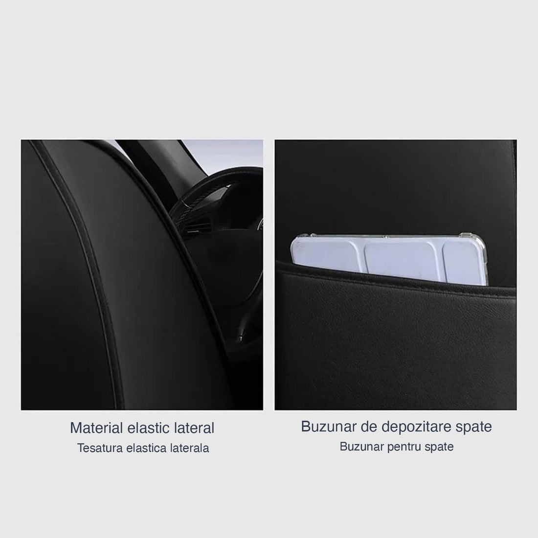 Set 2 Huse Scaune Auto Elindor® Universale, Acoperire 360°, Husa pentru Protectie Sezut si Spatar Scaun Fata, Impermeabila, Piele Ecologica, Accesorii Masina Huse Interior, Albastru