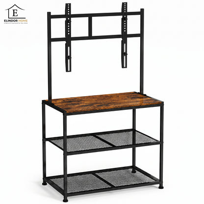 Suport TV Premium Elindor®, Stand cu Montaj pentru Televizoare 23-50 inch, Raft 3 Polite de Depozitare, Latime si Picioare Reglabile, din Cadru Metalic si Lemn, pentru Living si Dormitor, 43.2 x 33.4 x 17.7 cm, Maro Rustic