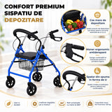 Cadru de Mers Elindor®, Pliabil, cu 4 Roti, Sezut Captusit, Spatar, Frane de Mana cu Blocare, Manere Reglabile pe 4 Niveluri, Cos Depozitare, pentru Persoanele cu Dificultati Locomotorii sau in Etate, Sarcina 120 kg, Albastru