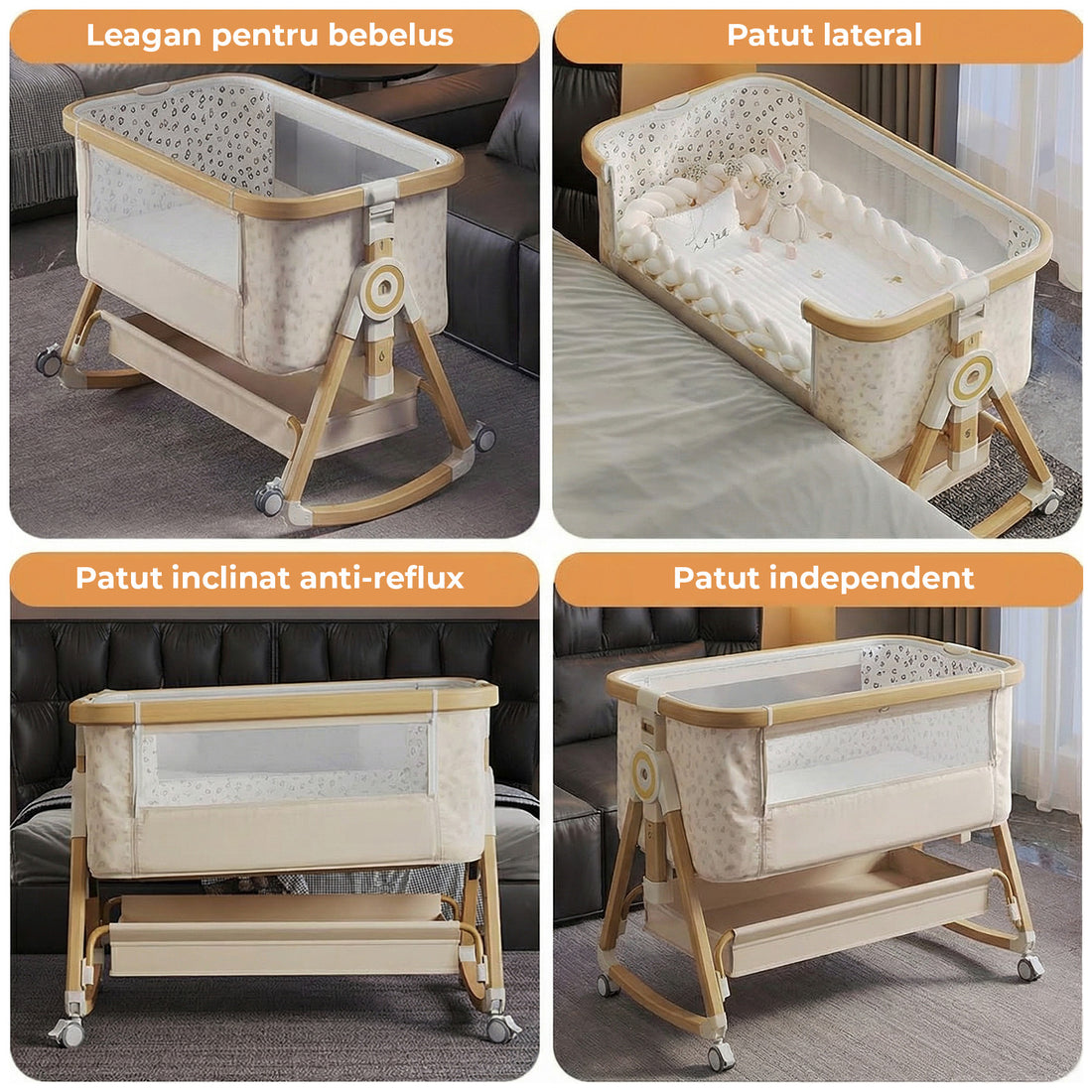 Patut Pliabil Bebelusi Elindor® 4 in 1, Copii 0-12 luni, Leagan Bebe, 6 Trepte de Inaltime Reglabila, Portabil, Plasa Laterala, Roti cu Sistem Blocare, Greutate Maxima 10 kg, Bej
