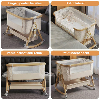 Patut Pliabil Bebelusi Elindor® 4 in 1, Copii 0-12 luni, Leagan Bebe, 6 Trepte de Inaltime Reglabila, Portabil, Plasa Laterala, Roti cu Sistem Blocare, Greutate Maxima 10 kg, Bej