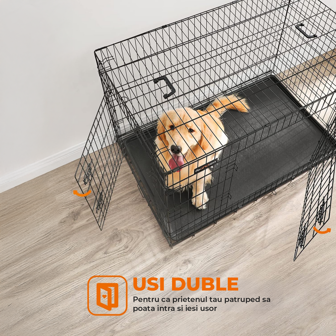 Cusca pentru Animale Elindor® Pliabila, Potrivita pentru Caini de Talie Medie si Mare de 23 Kg, Utilizare in Interior si Exterior sau Calatorii, cu 2 Usi, Baza din Plastic Detasabila, 2 Manere pentru Transport, Marime XXL, 107×69.5×75 cm,