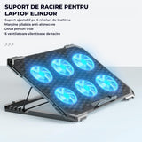 Cooler Laptop Gaming RGB Elindor® Suport cu Unghi Reglabil pe 6 Nivele, Dimensiuni Compatabile 13-15.6 Inch, 6 Ventilatoare Puternice si Silentioase 25dB, Viteza Ajustabila, 2 Porturi USB, pentru Birou, Calatorii, 41.6 x 28.5 x 2.8 cm, Negru