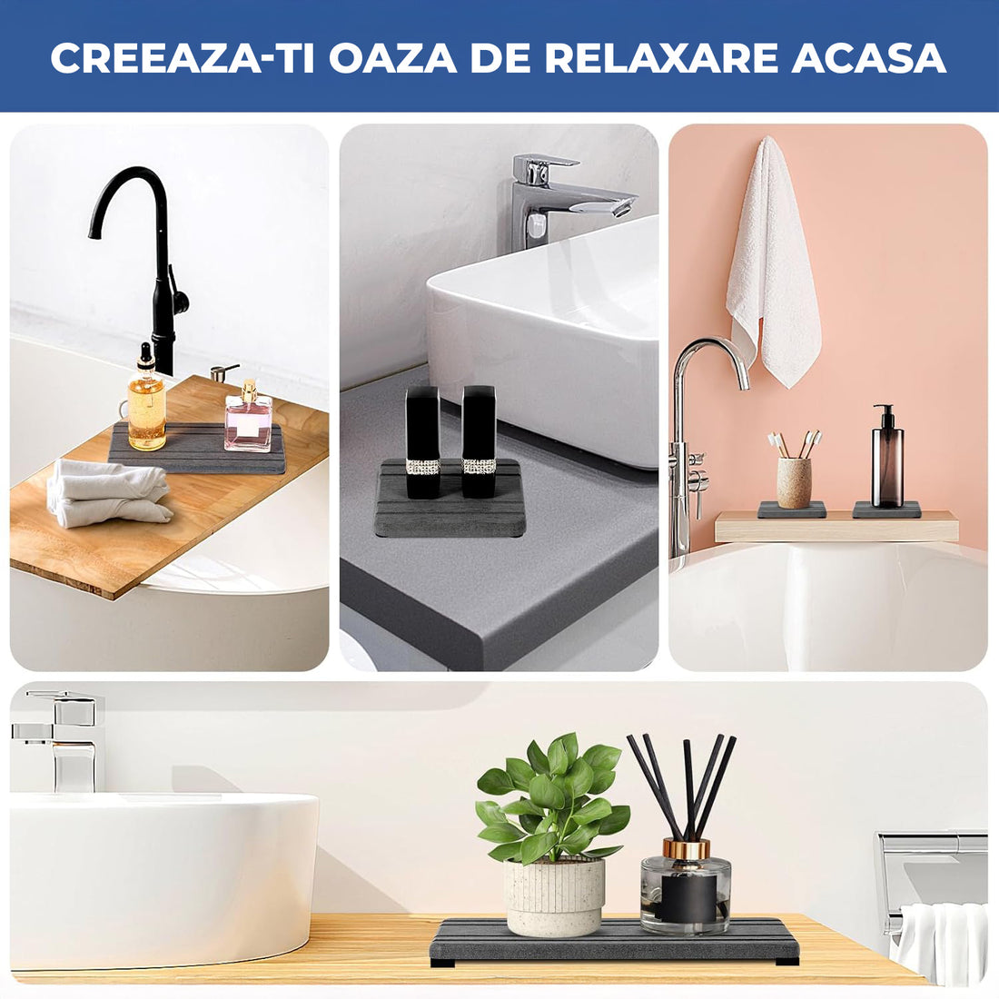 Set Tavi Absorbante Elindor® din Piatra, Diatomit, Uscare Rapida, Anti-Alunecare, pentru Chiuveta si Blat, Design Striat, 3 Piese, 21 x 10 cm si 10 x 10 cm, Gri Inchis