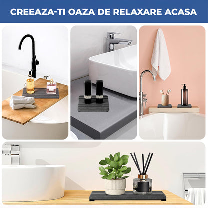 Set Tavi Absorbante Elindor® din Piatra, Diatomit, Uscare Rapida, Anti-Alunecare, pentru Chiuveta si Blat, Design Striat, 3 Piese, 21 x 10 cm si 10 x 10 cm, Gri Inchis
