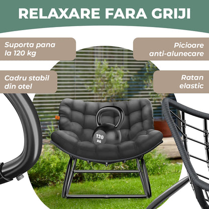 Fotoliu Balansoar Elindor® cu Spatar, Ergonomic, Cadru Solid din Otel, Suporta 120 kg, Ideal pentru Living, Dormitor, Exterior, Terasa, Negru