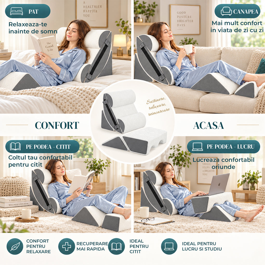 Set 6 Perne Ortopedice Elindor® Wedge pentru Pat, Perna Spuma cu Memorie, Hipoalergenica, Suport Spate, Picioare, Genunchi, Post-Operator, Anti-Reflux, Antisforait, Antirid, Pliabile, Huse Bumbac Aspect Catifea, Reglabile 60 cm, Alb/Gri
