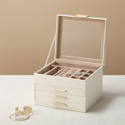 Cutie de Bijuterii Elindor® cu Capac, Organizator 4 Niveluri, 3x Sertar, Spatiu de Depozitare Inel, Verighete, Lantisoare, Bratari, Cercei, Caseta din Material Catifelat, Design Rafinat, Simplu si Elegant, Piele Ecologica, Bej