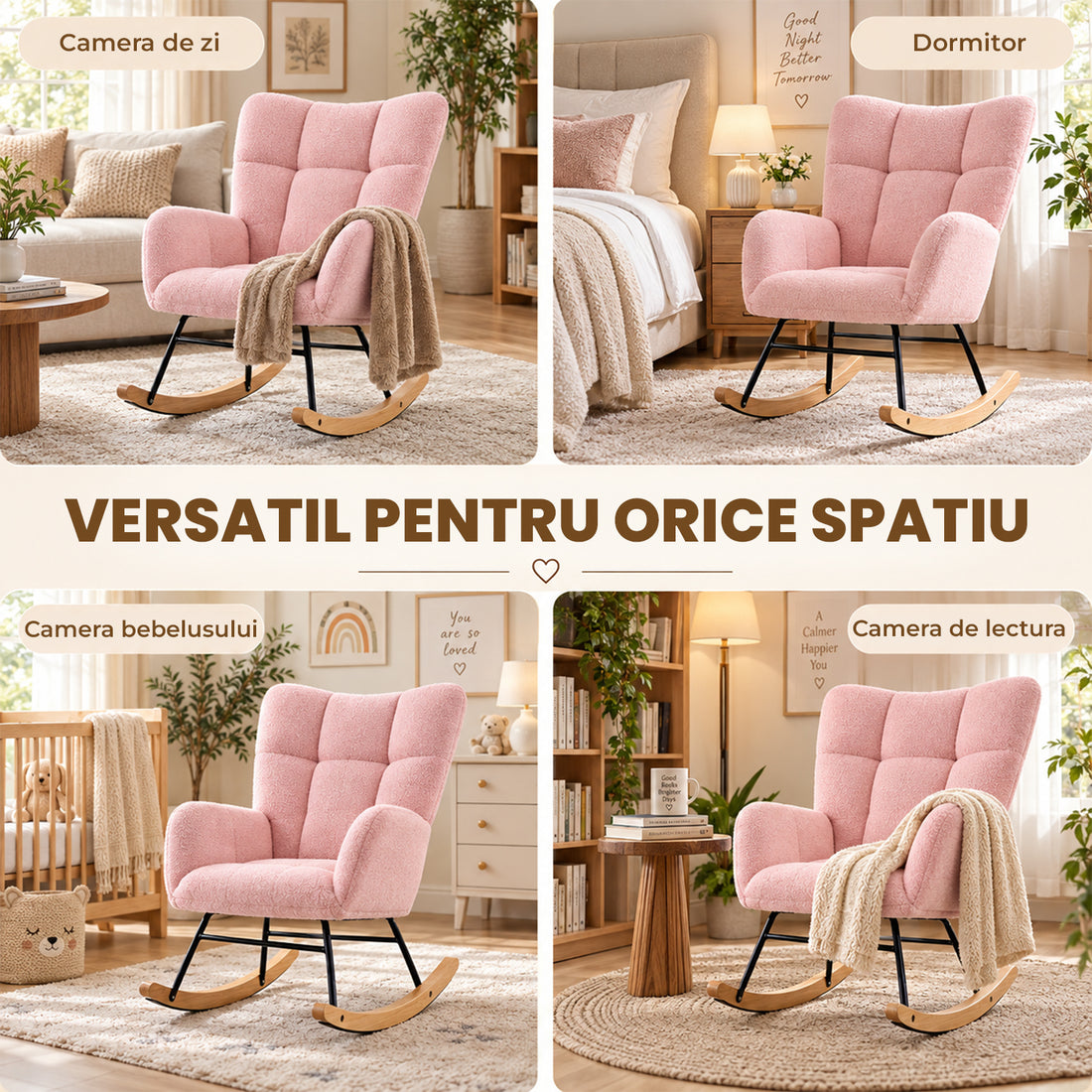 Fotoliu Balansoar Elindor® cu Spatar, Ergonomic, Cadru Solid din Otel, Ideal pentru Living, Dormitor, Camera Copilului, 68 x 88 x 93 cm, Roz