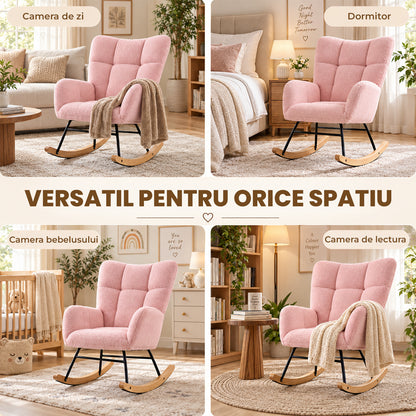 Fotoliu Balansoar Elindor® cu Spatar, Ergonomic, Cadru Solid din Otel, Ideal pentru Living, Dormitor, Camera Copilului, 68 x 88 x 93 cm, Roz