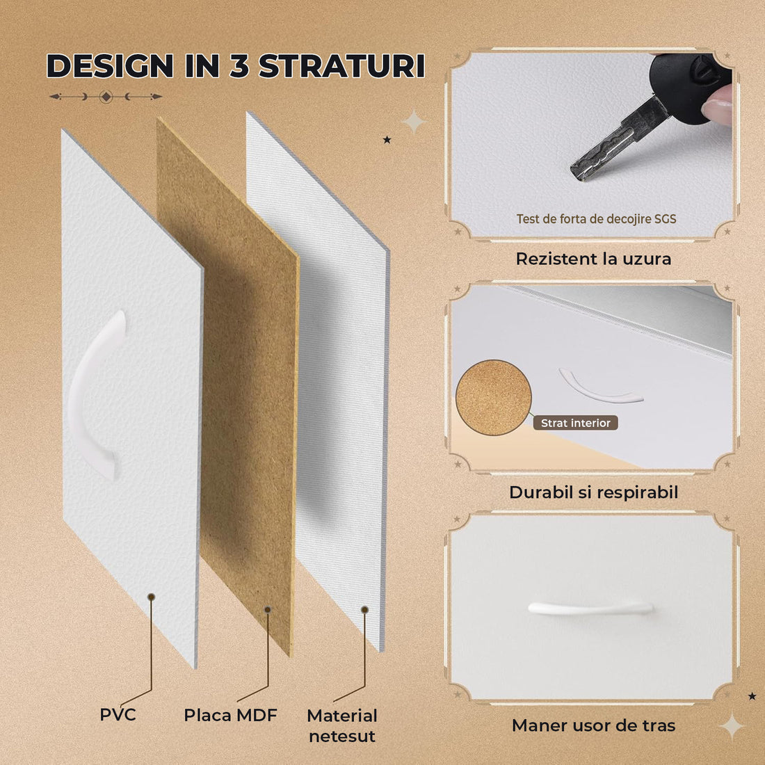 Comoda Elindor® cu 7 Sertare, Cadru Metalic, Blat Lemn, Sertare Textil, pentru Dormitor, Living, Depozitare Haine, Jucarii, Accesorii, 100 × 30 × 77 cm, Alb