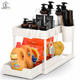 Organizator Multifunctional Elindor® pe 2 Niveluri, Sertar Glisant Organizare, pe Blat sau in Dulap sub Chiuveta, 16 Carlige, pentru Bucatarie, Baie, Camara, Bar, Raft cu Sertare Depozitare Legume, Detergenti, Parfumuri, 39.5x21.6x39 cm, Alb