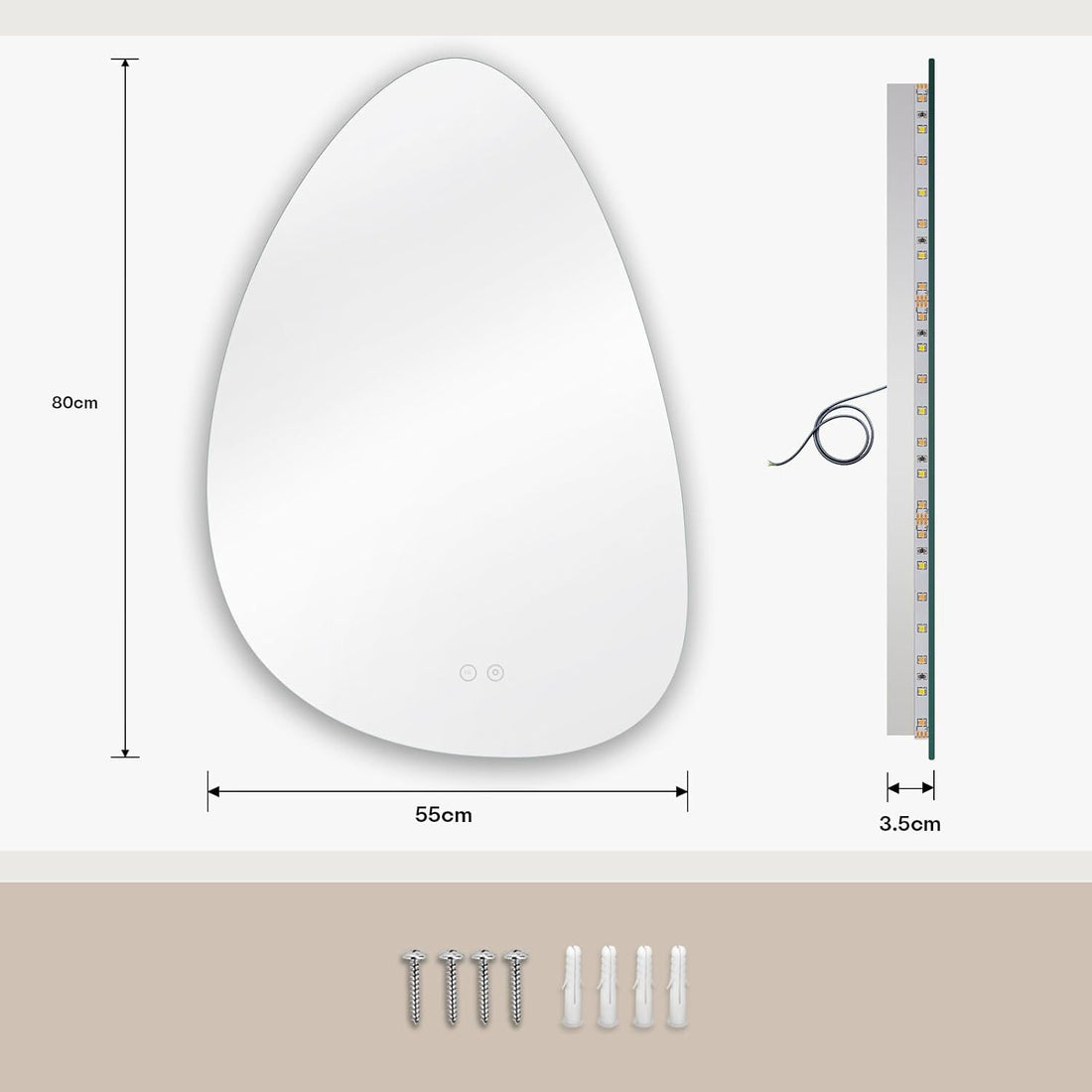 Oglinda de Perete Elindor® Asimetrica, fara Rama, Decorativa, Verticala / Orizontala, Eleganta, Ideala pentru Baie, Birou, Hol, Living, Dressing, Iluminare Led, Intensitate Ajustabila, Antiaburire, Temperatura de Culoare 4500K, 80 x 55 cm