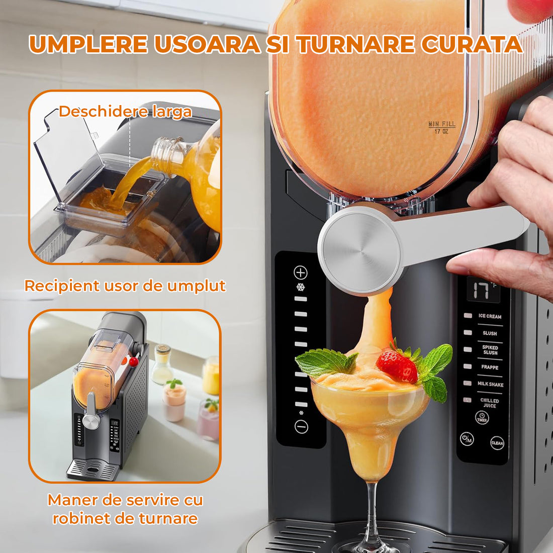 Masina Slushie Elindor® fara Gheata, 6 Programe Automate, Ecran LED, Auto Curatare, Capacitate 2 L, Otel Inoxidabil 304 + ABS, Racire Rapida 15-60 Min, Bauturi Inghetate, Smoothie, Frappe, Milkshake, 44.5 × 44 × 21 cm, Negru