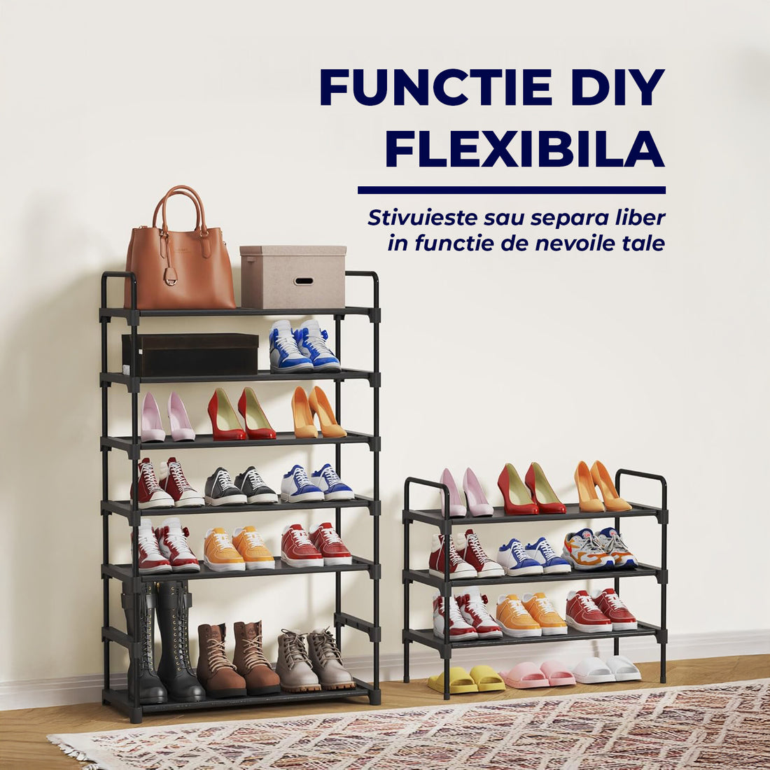 Organizator pentru Pantofi Elindor® Pantofar cu 3 Nivele Mari, Fara Gauri, Suport Metalic pentru Papuci, Dulap Hol, Dormitor, Economisire Spatiu, Depozitare Incaltaminte, 70 × 30 × 57 cm, Negru