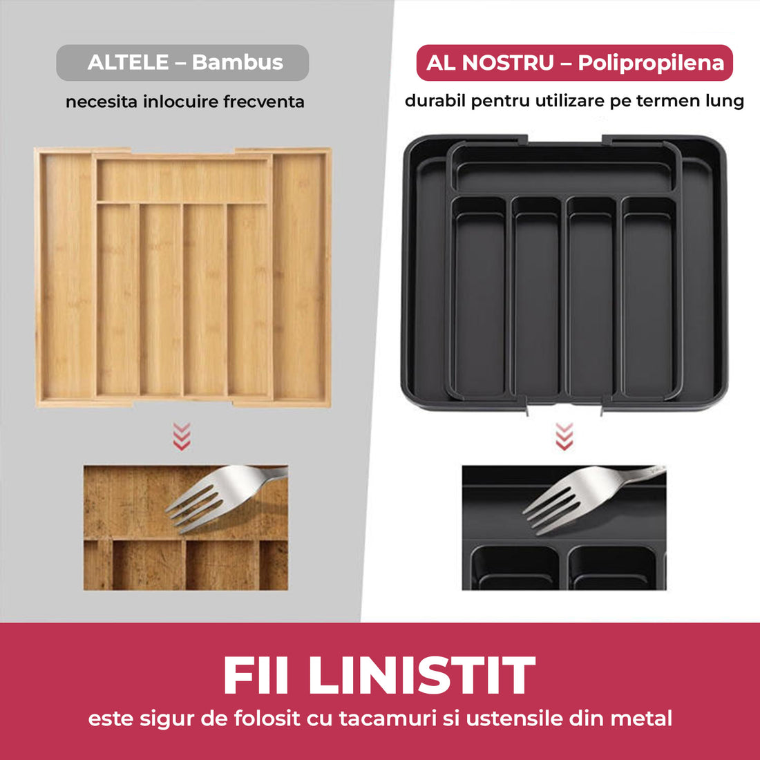Organizator Elindor® pentru Tacamuri si Ustensile de Bucatarie, 5-7 Compartimente, Sertar Extensibil, Suport Ajustabil pentru Cutite, Linguri, Furculite, Accesorii Bucatarie, Separator Sertar, 32 × 22 × 4 cm, Negru