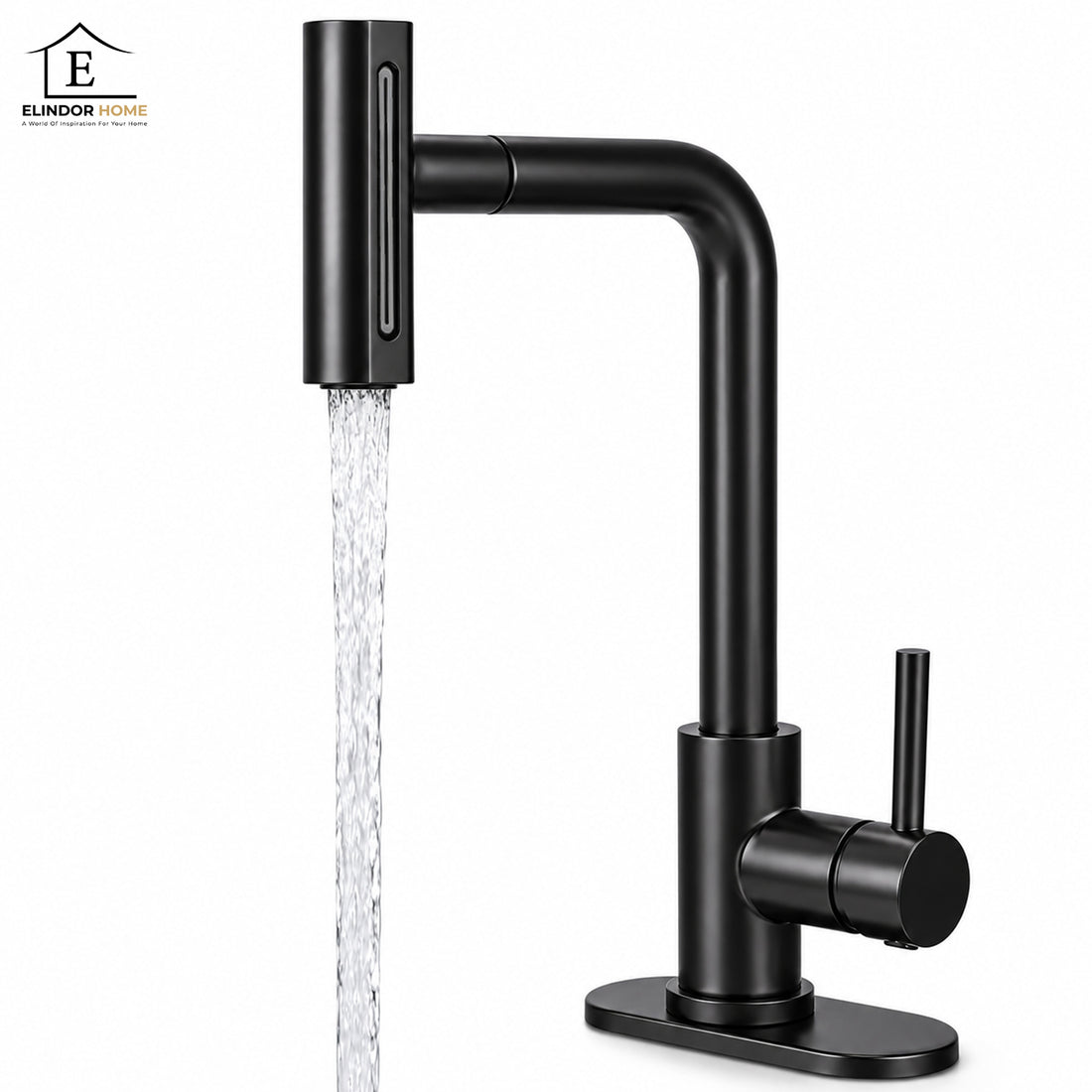 Baterie Chiuveta Baie Neagra Elindor® Robinet de Apa, Modern cu Pipa Extractibila, 4 Tipuri de Jet: Cascada, Delicat, Jet Puternic si Dus, Monocomanda, Rotativ 360°, pentru Bucatarie, Otel Inoxidabil SUS304, Finisaj Mat