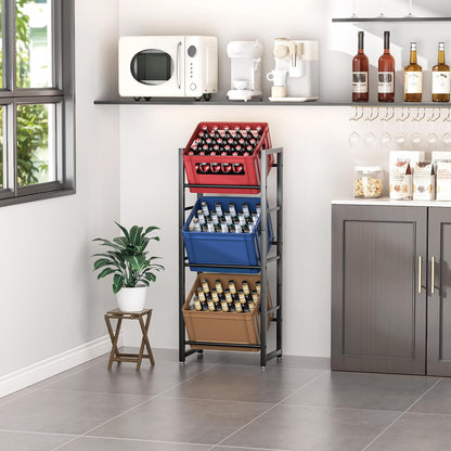 Suport Navete Bauturi Elindor®, 3 Niveluri, Cadru Metalic Rezistent, greutate Maxima Suportata 150 kg, Picioare reglabile, 47.5 × 31.5 × 115.5 cm, Negru