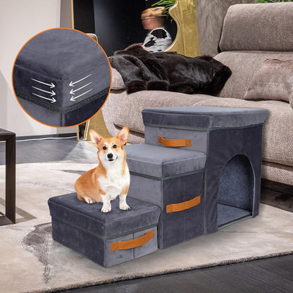 Scari Animale Elindor®, 3 Trepte pentru Caini si Pisici cu Spatiu Depozitare, Trepte Antiderapante pentru Pat sau Canapea, Structura din Placa de Inalta Densitate si Material Textil, pentru Dormitor, Living, 78 x 45 x 34 cm, Gri